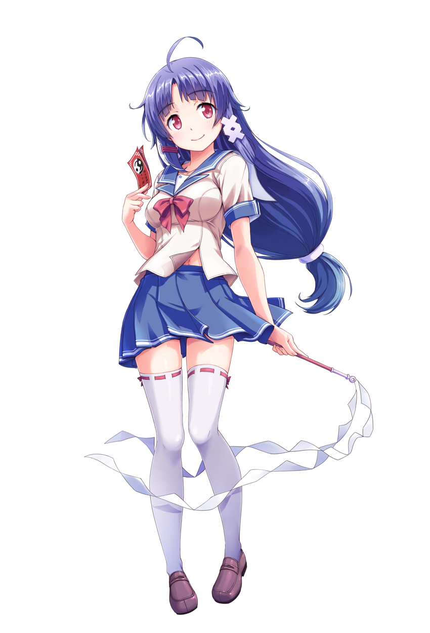 1girl, ahoge, blue_hair, blue_skirt, brown_footwear, eyebrows_visible_through_hair, full_body, gal_gun_(series), gal_gun_returns, gohei, hair_ornament, hair_rings, hairclip, highres, holding, loafers, long_hair, looking_at_viewer, masanori_ito, midriff_peek, nonomiya_kaname, official_art, ofuda, pink_eyes, pleated_skirt, ribbon-trimmed_legwear, ribbon_trim, school_uniform, shoes, short_sleeves, simple_background, skirt, smile, solo, thigh-highs, white_background, white_legwear, x_hair_ornament, zettai_ryouiki