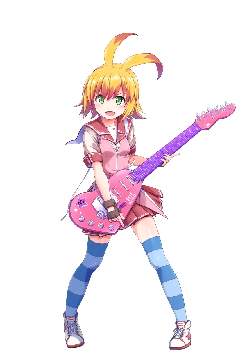 1girl, antenna_hair, blonde_hair, blue_legwear, blush, electric_guitar, eyebrows_visible_through_hair, fingerless_gloves