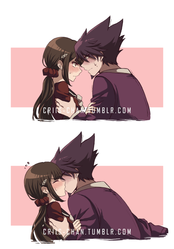 1boy, 1girl, arm_grab, bangs, blush, brown_hair, collared_shirt, commentary_request