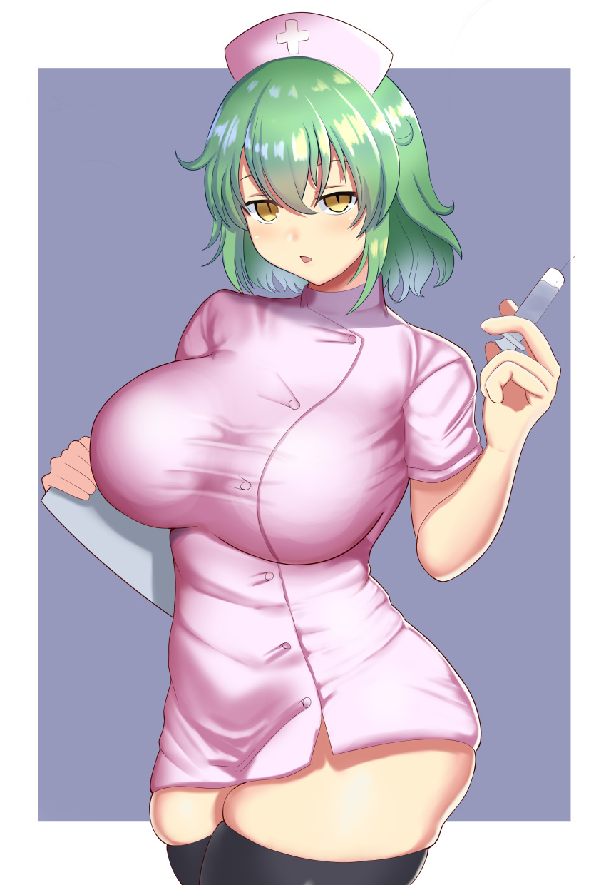 1girl, absurdres, ass_visible_through_thighs, black_legwear, breasts, clipboard, green_hair, hat