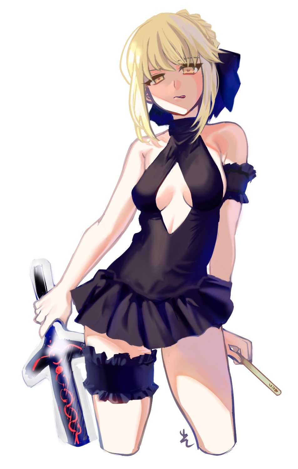 1girl, :q, armlet, artoria_pendragon_(all), artoria_pendragon_(swimsuit_rider_alter), asakou_(n_morninglight), black_swimsuit, blonde_hair