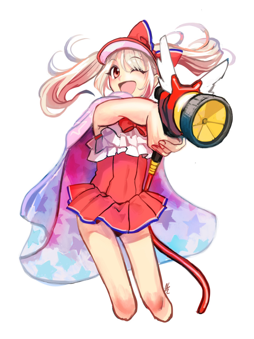 1girl, ;d, absurdres, asakou_(n_morninglight), blonde_hair, bow, cape, cowboy_shot