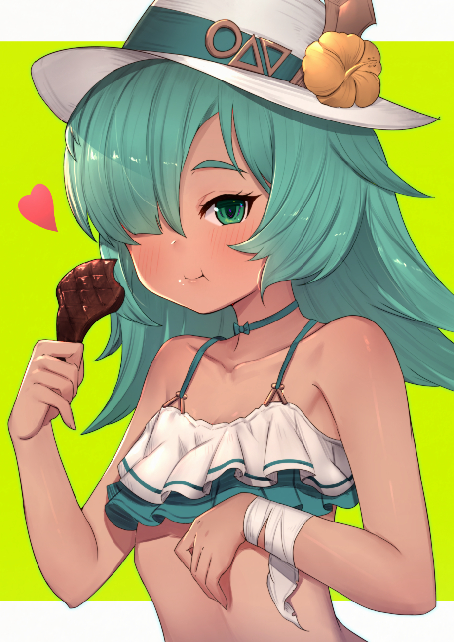1girl, :t, aqua_hair, bandaged_wrist, bare_arms, bare_shoulders, blush, choker