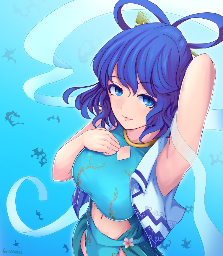 1girl, adapted_costume, arm_up, armpits, artist_name, blue_background, blue_eyes, blue_hair, blue_skirt, breasts, closed_mouth, clothing_cutout, commentary_request, eyebrows_visible_through_hair, flower, from_above, gold_trim, gradient, gradient_background, hagoromo, hair_ornament, hair_rings, hair_stick, hand_on_own_chest, kaku_seiga, large_breasts, lips, looking_at_viewer, navel, navel_cutout, open_clothes, open_vest, perspective, see-through, shawl, short_hair, skirt, smile, solo, torinosuke, touhou, upper_body, vest