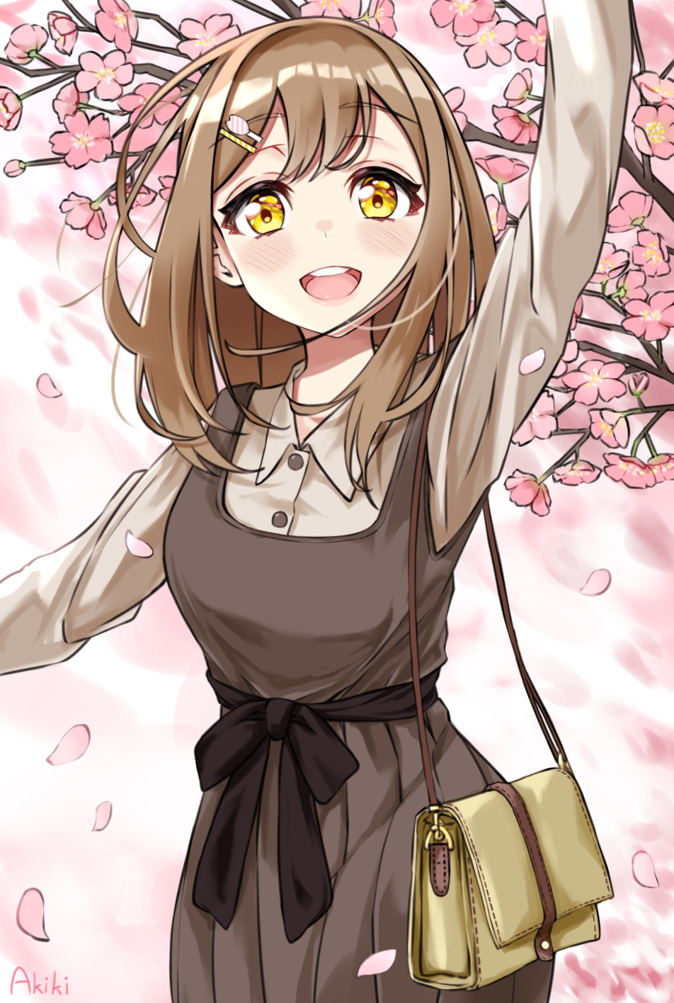 1girl, :d, akiki_(kiki), arm_up, bangs, black_ribbon, brown_dress, brown_hair
