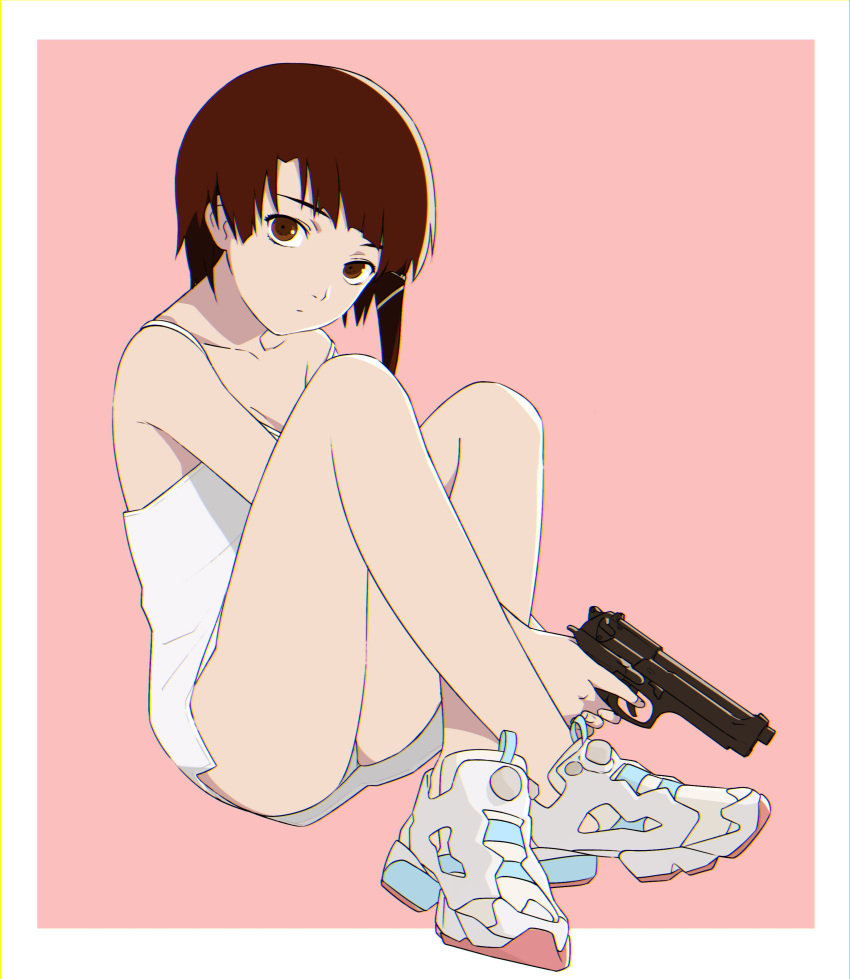1girl, absurdres, asymmetrical_hair, brown_eyes, brown_hair, closed_mouth, dress, gun