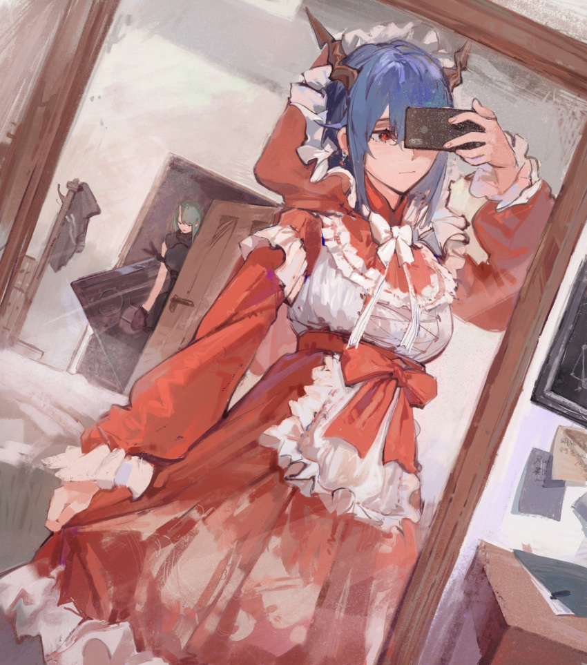 2girls, alternate_costume, arknights, bedroom, blue_hair, blush, bow, bowtie