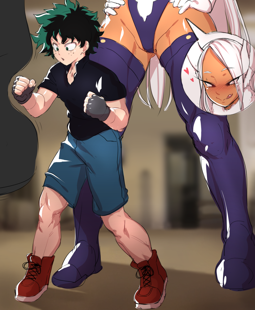 1boy, 1girl, age_difference, animal_ears, ari_(ariel_lopez550), black_gloves, black_shirt, blurry, blurry_background, blush, boku_no_hero_academia, dark_skin, dark-skinned_female, english_commentary, fingerless_gloves, freckles, gloves, green_eyes, green_hair, groin, hands_on_hips, heart, height_difference, hetero, legs, leotard, licking_lips, long_hair, looking_at_another, midoriya_izuku, mirko, naughty_face, nose_blush, punching, punching_bag, rabbit_ears, rabbit_girl, red_eyes, shirt, shoes, short_hair, short_sleeves, shorts, sneakers, sweat, thick_thighs, thigh-highs, thighs, tongue, tongue_out, white_gloves, white_hair, you_gonna_get_raped