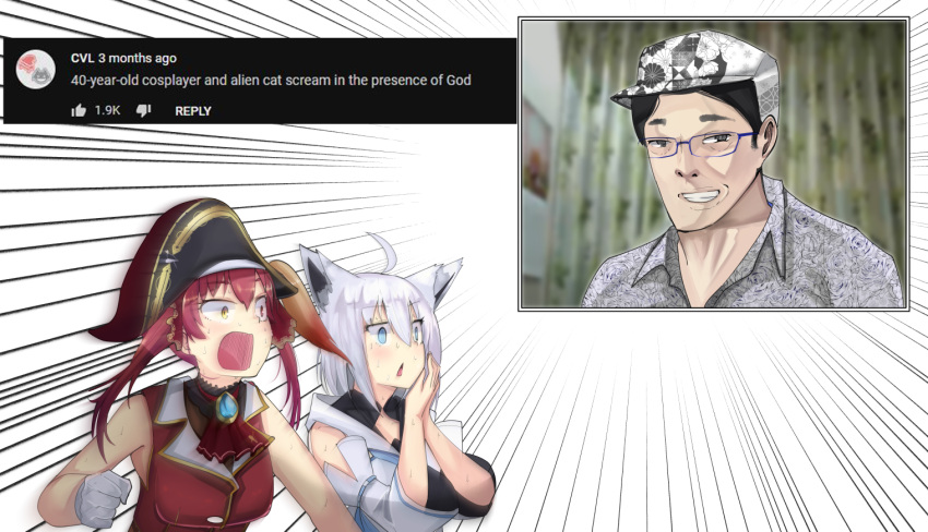 1boy, 2girls, ahoge, animal_ear_fluff, animal_ears, bangs, blush, braid, eyebrows_visible_through_hair, fox_ears, fox_girl, glasses, hair_between_eyes, hat, heterochromia, hololive, houshou_marine, kitanxjk, long_hair, multiple_girls, open_mouth, red_eyes, redhead, ribbon, shirakami_fubuki, short_hair, touhou, twintails, virtual_youtuber, white_hair, zun