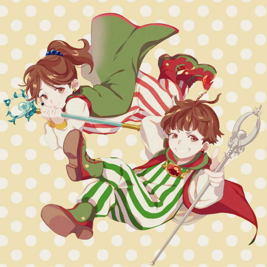 1boy, 1girl, brother_and_sister, brown_hair, cape, closed_mouth, earrings, final_fantasy, final_fantasy_iv, highres, jewelry, looking_at_viewer, medium_hair, open_mouth, palom, ponytail, porom, siblings, smile, staff, twins, yawai_tofu