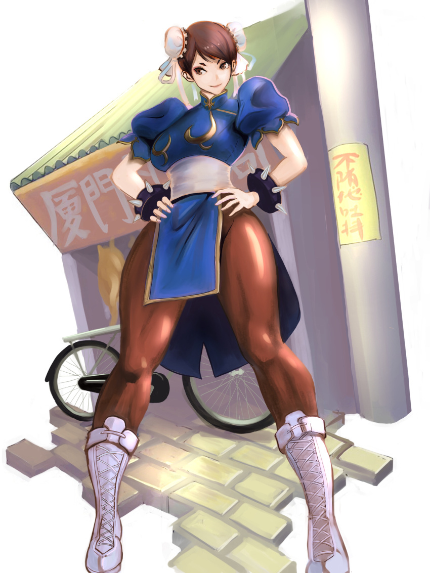 1girl, bicycle, blue_dress, boots, bracelet, breasts, brown_eyes, brown_hair
