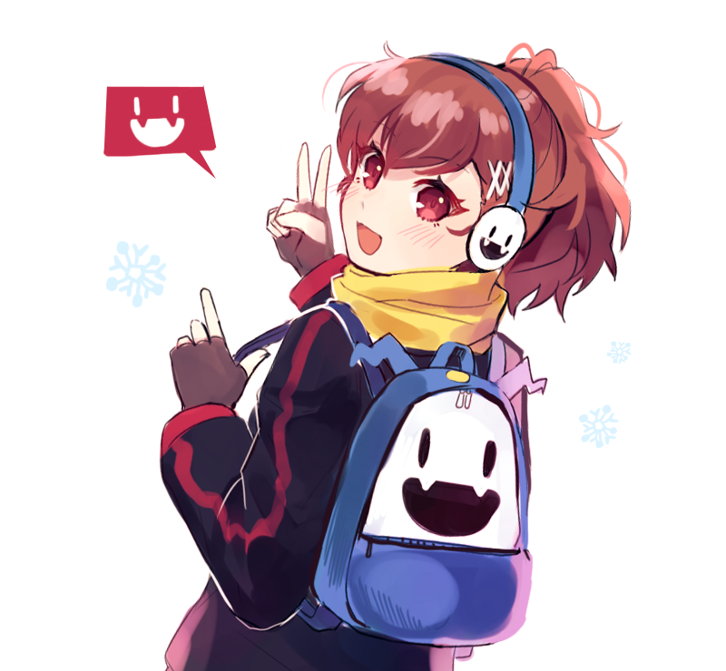 1girl, :d, alternate_costume, backpack, bag, blush, brown_hair, byoru