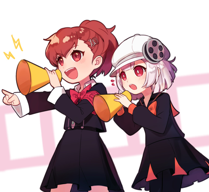 2girls, :d, :o, armband, bright_pupils, brown_hair, byoru, cabbie_hat, eyebrows, flying_sweatdrops, gekkoukan_high_school_uniform, hat, hikari_(pq2), lightning_bolt, long_sleeves, medium_hair, megaphone, multiple_girls, open_mouth, pantyhose, persona, persona_q2:_new_cinema_labyrinth, pleated_skirt, pointing, ponytail, red_armband, red_eyes, ribbon, school_uniform, serafuku, shiomi_kotone, short_hair, skirt, smile, upper_teeth, white_hair, white_headwear, white_pupils