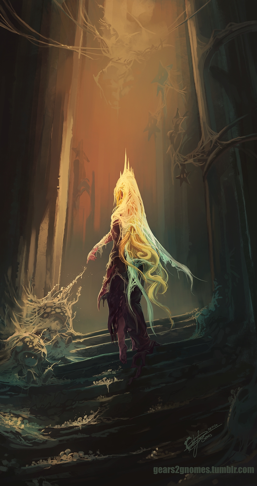 alternate_universe, barefoot, blonde_hair, bloodborne, crown, dress, fungus, gears2gnomes, highres, long_hair, super_mario_bros., parody, pointing, princess_peach, silk, spider_web, stairs, standing, toad, torn_clothes, torn_dress, very_long_hair