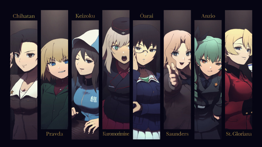 6+girls, :q, adjusting_eyewear, anchovy_(girls_und_panzer), anzio_military_uniform, asymmetrical_bangs, bangs, belt