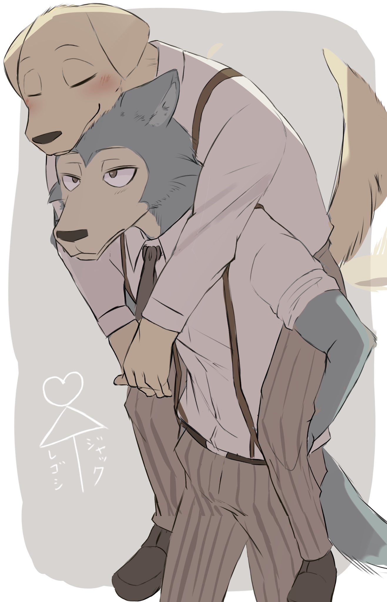 2boys, animal_ears, beastars, belt, blush, carrying, cherryton_school_uniform, closed_eyes