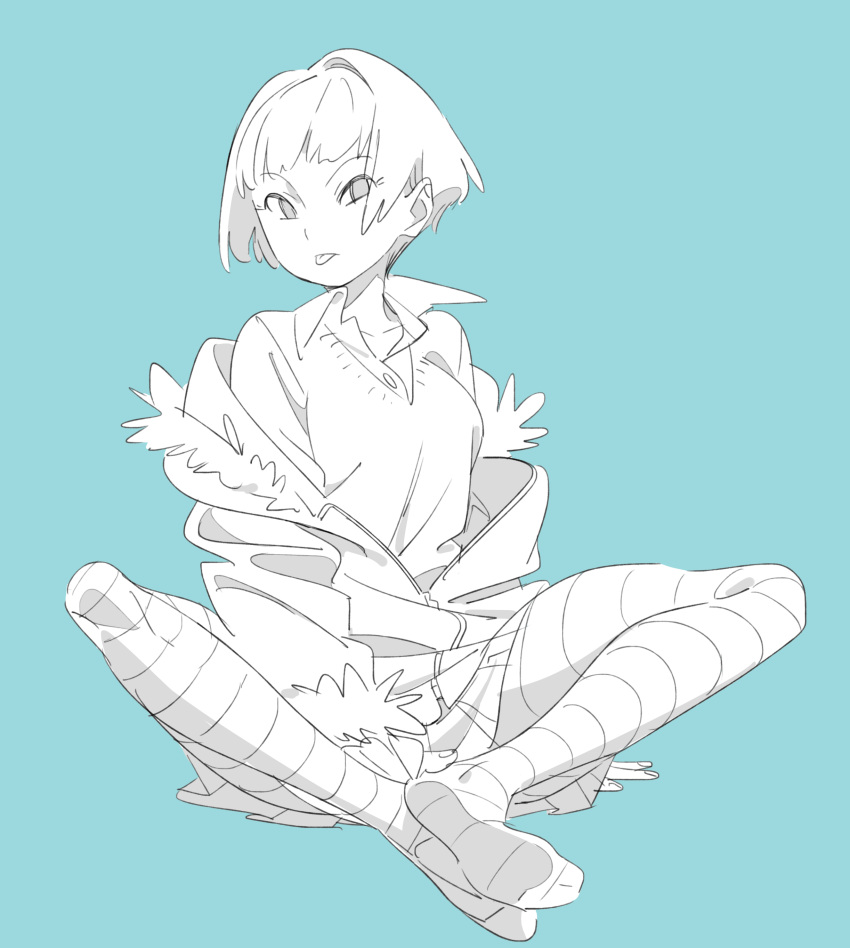 1girl, :p, absurdres, alternate_costume, aqua_background, aqua_theme, arm_support, bangs