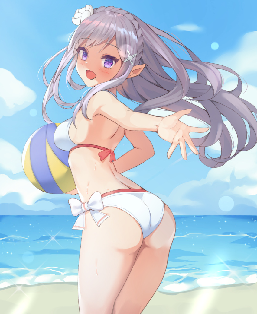 1girl, :d, amanoyui, ass, back, ball, bare_legs, beach