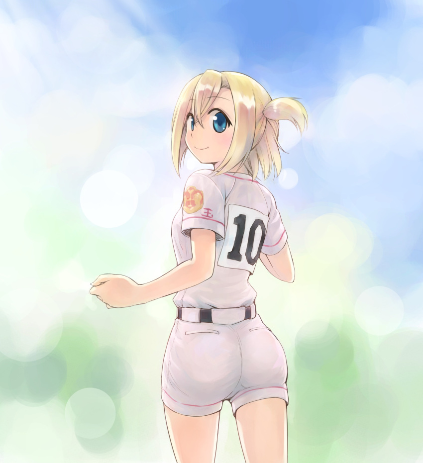 1girl, bangs, baseball_uniform, belt, black_belt, blonde_hair, blue_eyes, blue_sky