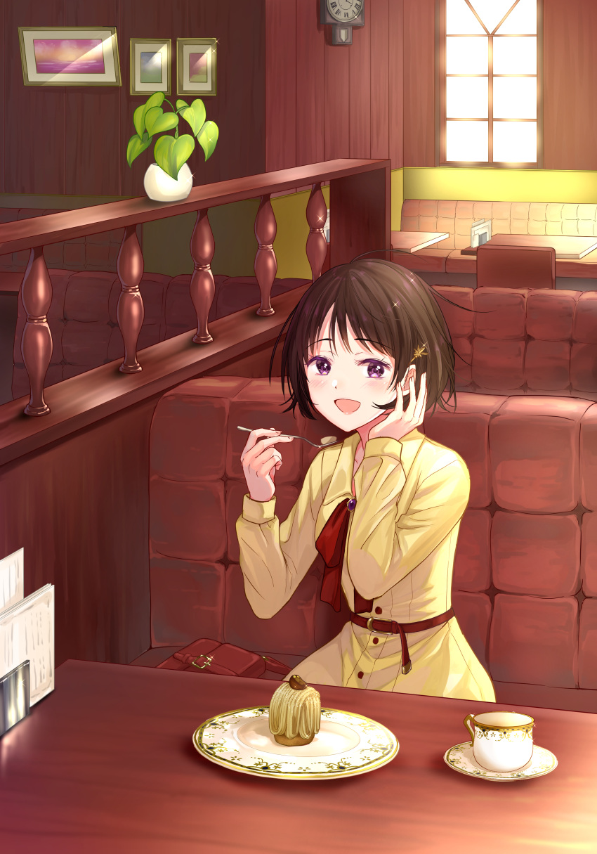 1girl, absurdres, ascot, bag, belt, bob_cut, booth, brooch, brown_hair, chestnut, clock, coffee_cup, commentary_request, commission, cup, day, disposable_cup, dress, eyebrows_visible_through_hair, food, fork, glint, hair_ornament, hand_in_hair, handbag, highres, holding, holding_fork, indoors, jewelry, long_sleeves, looking_at_viewer, mont_blanc_(food), open_mouth, original, pechi_(peeechika), picture_(object), picture_frame, pixiv_request, plant, plate, potted_plant, red_neckwear, restaurant, roman_numerals, saucer, short_hair, sitting, solo, table, violet_eyes, window, yellow_dress