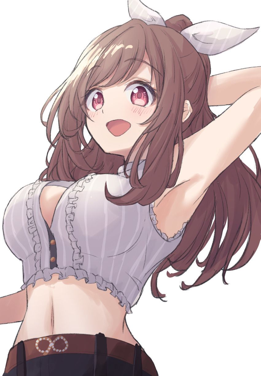 absurdres, arm_up, armpits, breasts, brown_hair, crop_top, frilled_shirt, frills