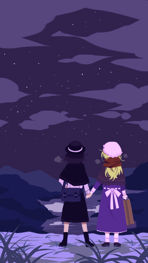 2girls, ankle_socks, arm_at_side, bag, black_capelet, black_headwear, black_skirt, blonde_hair