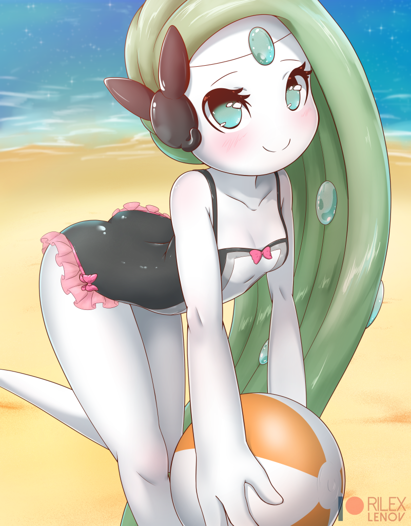 1girl, aqua_eyes, artist_name, ball, bare_shoulders, beach, beachball, black_swimsuit