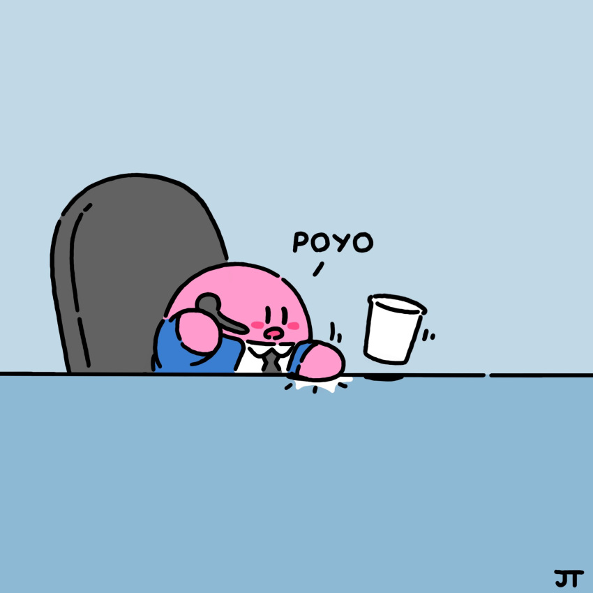 1other, black_neckwear, blue_background, blue_jacket, blush, chair, collared_shirt, cup, english_commentary, highres, jacket, james_turner, kirby, kirby_(series), necktie, open_mouth, phone, shirt, solo, table, white_shirt