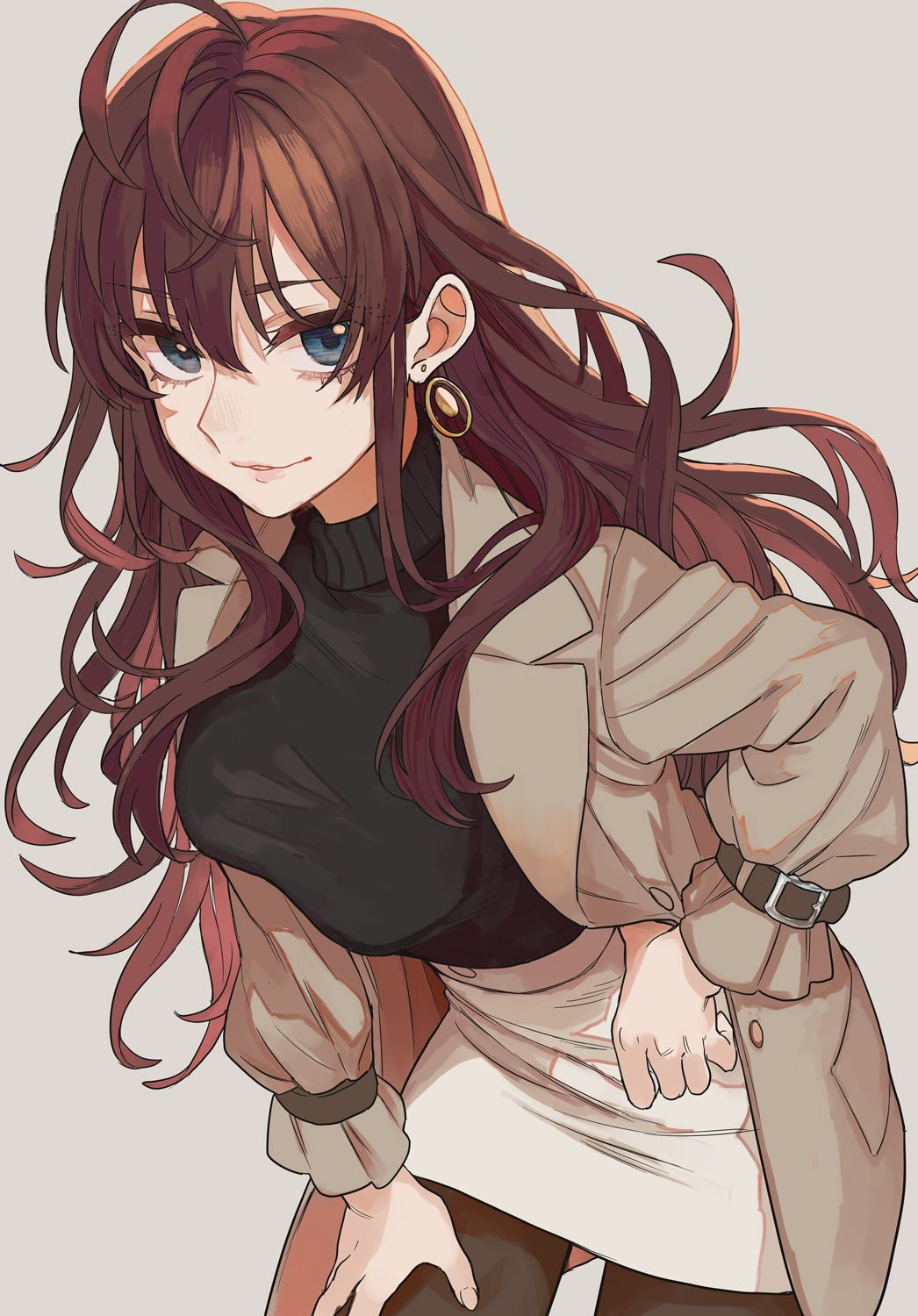1girl, :3, antenna_hair, beige_skirt, belt, belt_buckle, black_sweater, blue_eyes, breasts, brown_coat, brown_hair, brown_legwear, buckle, coat, collaboration, commentary_request, cowboy_shot, eyebrows_behind_hair, fingernails, grey_background, hand_on_hip, hand_on_own_leg, highres, ichinose_shiki, idolmaster, idolmaster_cinderella_girls, leaning_forward, long_hair, long_sleeves, medium_breasts, miniskirt, namiko817, open_clothes, open_coat, pantyhose, parted_lips, pencil_skirt, sawarakajin, shirt_tucked_in, simple_background, skirt, smile, solo, standing, sweater, taut_clothes, taut_skirt, taut_sweater, trench_coat, turtleneck, turtleneck_sweater