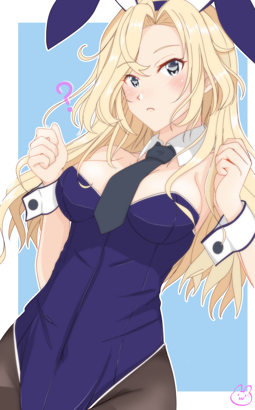 1girl, ?, absurdres, animal_ears, bare_shoulders, black_neckwear, blonde_hair, blue_background