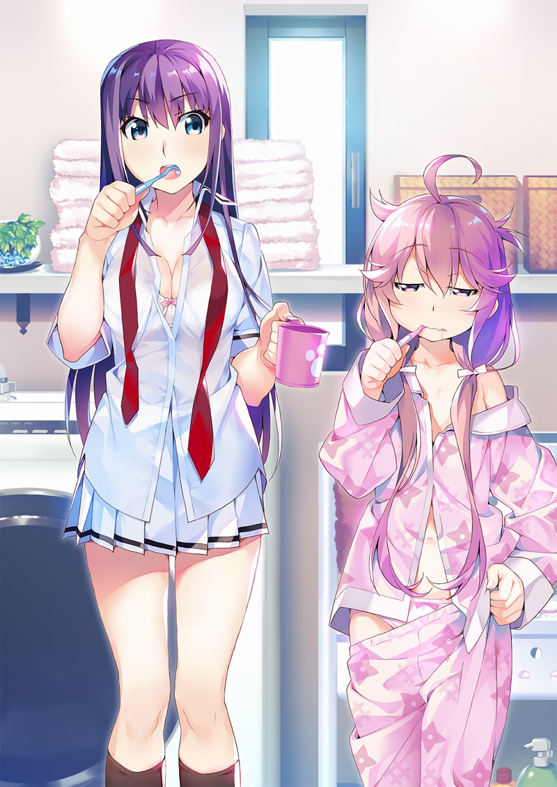 2girls, ahoge, blue_eyes, bow, bow_panties, bra, brushing_teeth, cup