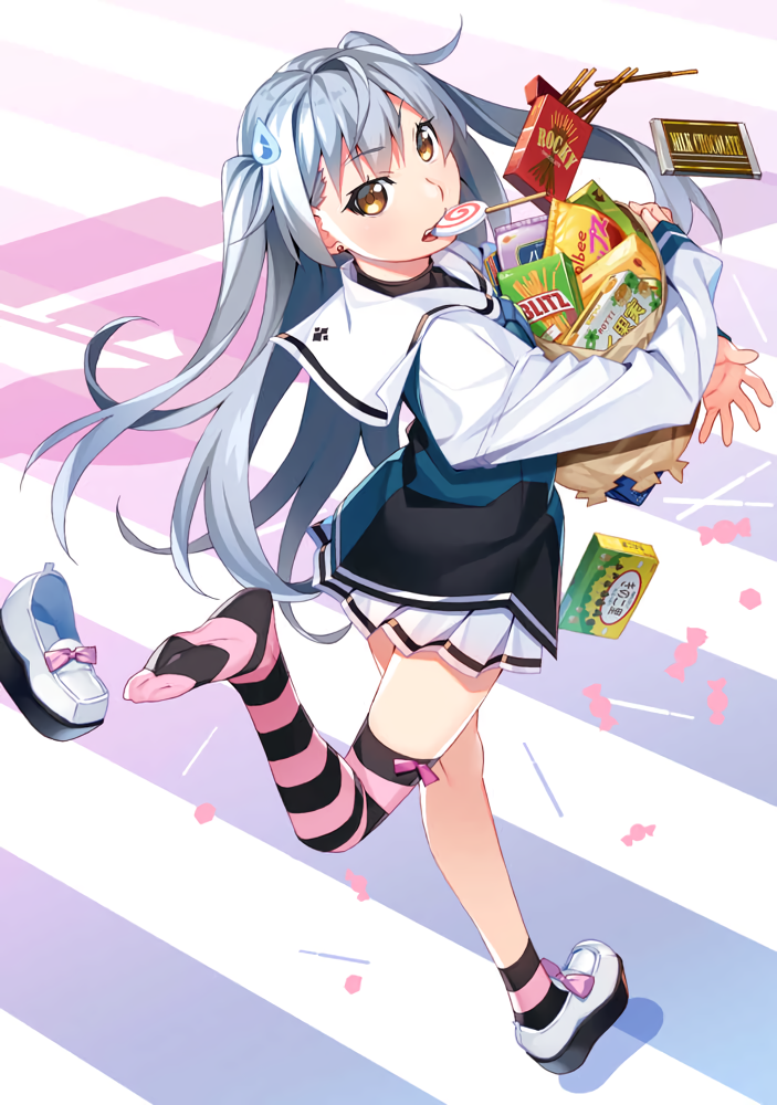 1girl, asymmetrical_legwear, bag, candy, chocolate, chocolate_bar, dropping, eyebrows_visible_through_hair, food, full_body, grisaia_(series), grisaia_phantom_trigger, grocery_bag, holding, holding_bag, lollipop, long_hair, long_sleeves, looking_at_viewer, looking_back, mouth_hold, official_art, pleated_skirt, pocky, running, shishigaya_touka, shoes_removed, shopping_bag, silver_hair, skirt, solo, striped, striped_legwear, sweatdrop, two_side_up, watanabe_akio