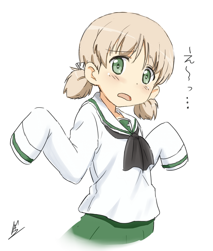 1girl, aki_(girls_und_panzer), bangs, black_neckwear, blush, cowboy_shot, eyebrows_visible_through_hair, girls_und_panzer