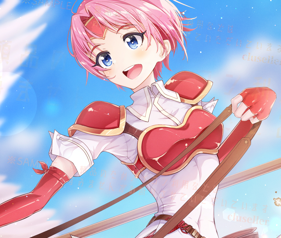 1girl, armor, artist_name, bangs, blue_eyes, blue_sky, blush, breastplate