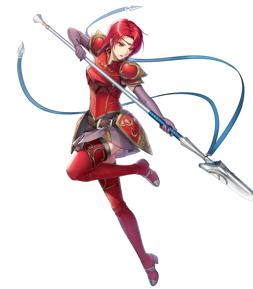 1girl, armor, bangs, belt, black_legwear, boots, breastplate, circlet, dress, earrings, elbow_gloves, fire_emblem, fire_emblem:_the_binding_blade, fire_emblem_heroes, full_body, gloves, highres, holding, holding_weapon, jewelry, kiyu_(zuyu), melady_(fire_emblem), official_art, open_mouth, parted_lips, polearm, purple_dress, red_armor, red_eyes, redhead, shiny, shiny_clothes, shiny_hair, short_dress, short_hair, shoulder_armor, sleeveless, solo, spear, thigh-highs, thigh_boots, thighhighs_under_boots, transparent_background, weapon, white_background, zettai_ryouiki