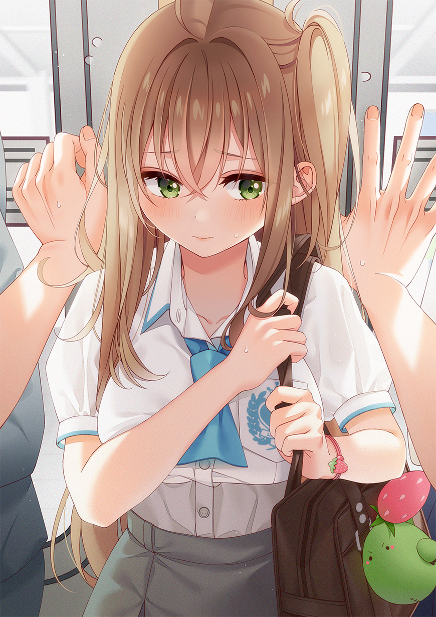 1girl, bag, blue_neckwear, blush, brown_hair, closed_mouth, collar, collarbone
