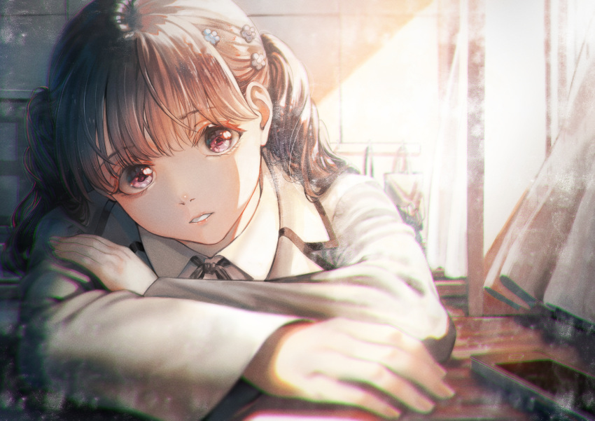 1girl, arms_on_table, bangs, black_hair, black_neckwear, black_ribbon, blazer, cellphone