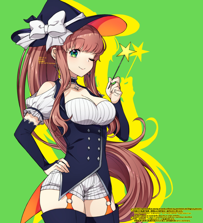1girl, ;), bangs, bare_shoulders, black_gloves, blunt_bangs, breasts, bridal_gauntlets