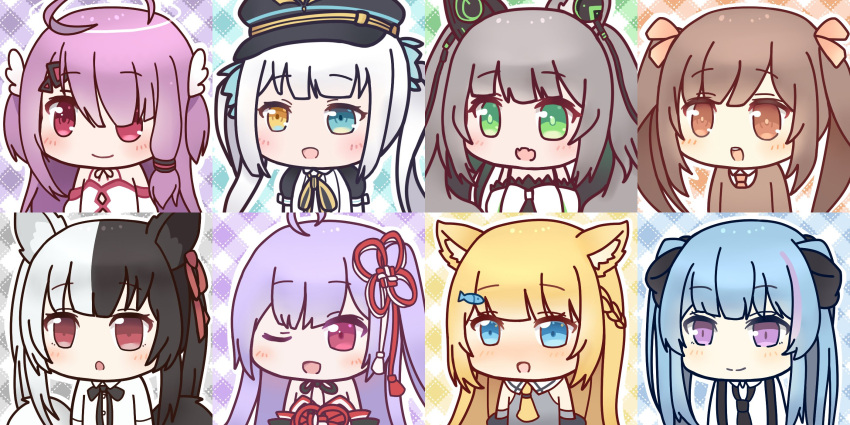 6+girls, ahoge, alice_mana, alice_mana_channel, animal_ear_fluff, animal_ears, black_hair, blue_eyes, chigusa_hana, chigusa_hana_channel, ena_(paryi_project), hair_ornament, hair_ribbon, hanazono_serena, hat, heterochromia, highres, kagura_mea, kagura_mea_channel, long_hair, military_hat, morinaga_miu, morinaga_miu_channel, multicolored_hair, multiple_girls, nightmare_0329, one_eye_closed, open_mouth, paryi_project, peaked_cap, purple_hair, red_eyes, red_ribbon, ribbon, silver_hair, takatsuki_ritsu, takatsuki_ritsu_channel, twintails, two-tone_hair, virtual_youtuber, white_hair, yumeno_shiori, yumeno_shiori_channel