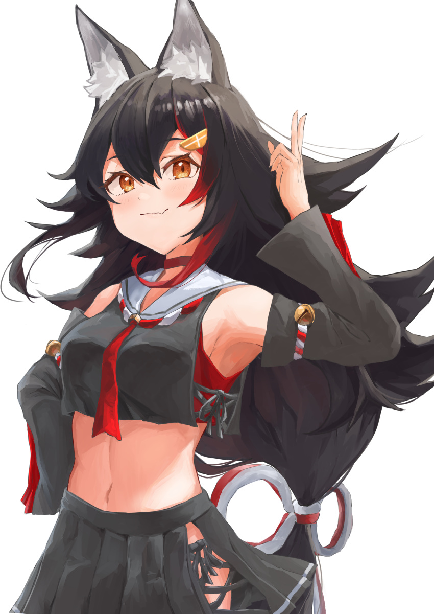 1girl, 9_no_seicho_nikki, absurdres, animal_ear_fluff, animal_ears, armpits, bangs, black_hair