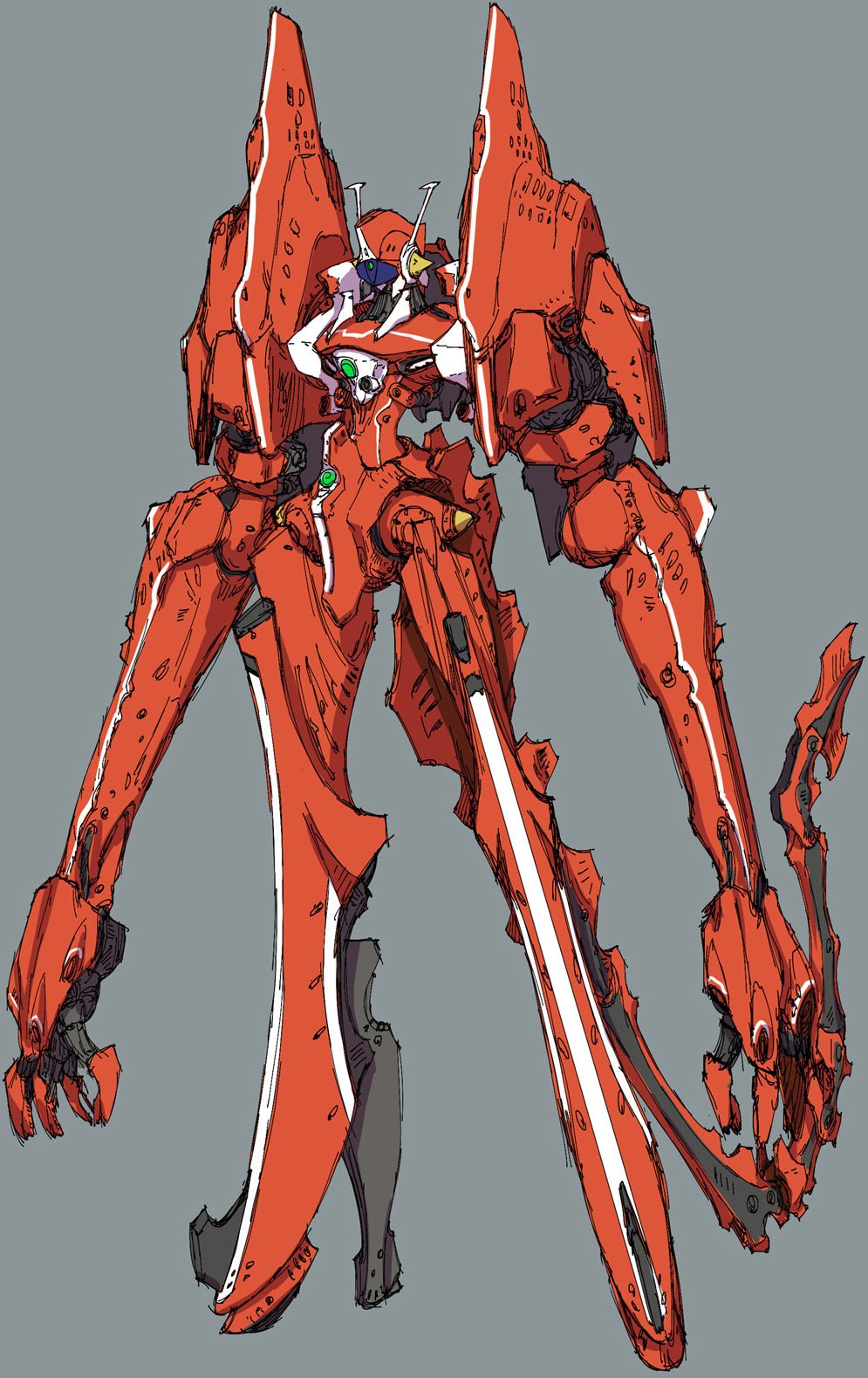 densetsu_kyojin_ideon, five_star_stories, gothicmade_(mecha), green_eyes, grey_background, high_heels, highres, ideon, long_arms, looking_down, mecha, munya_(otikamohe), nagano_mamoru_(style), no_humans, one-eyed, open_hands, parody, radio_antenna, redesign, science_fiction, solo, standing, style_parody