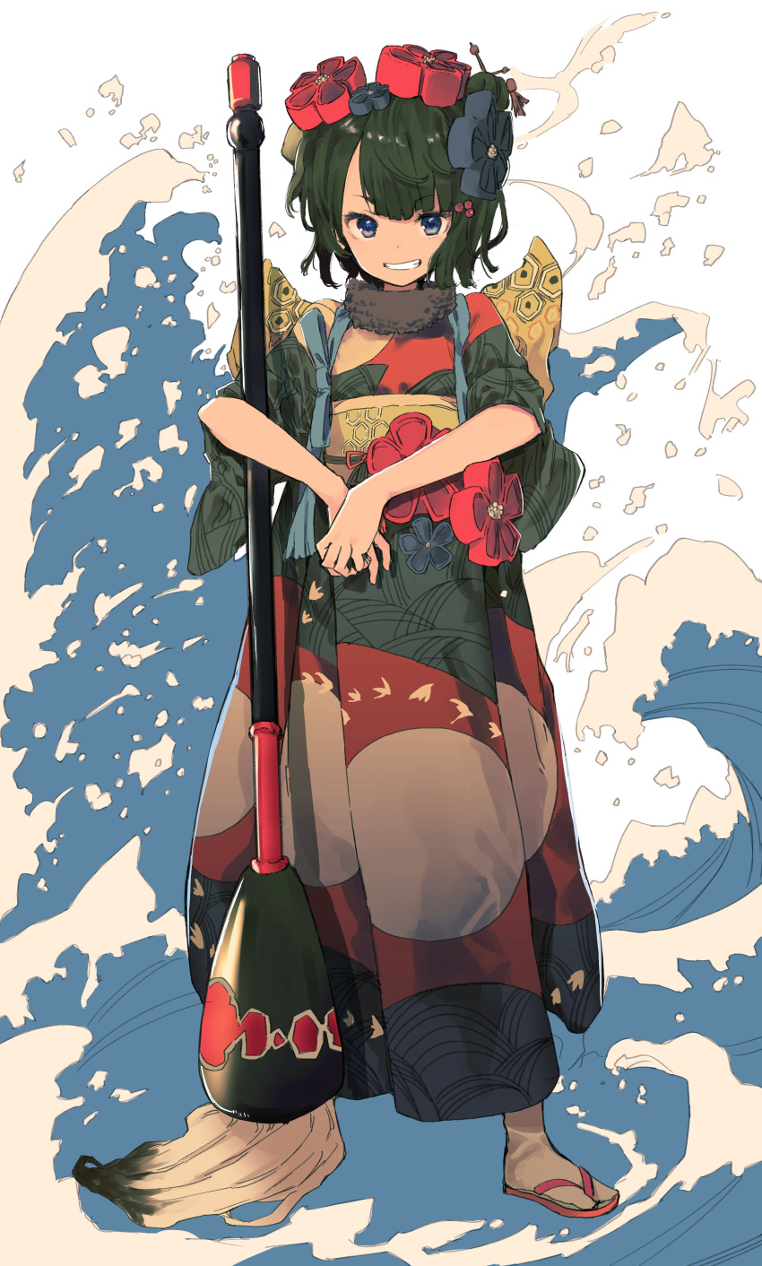 1girl, absurdres, bangs, black_eyes, black_hair, black_kimono, blue_eyes, calligraphy_brush