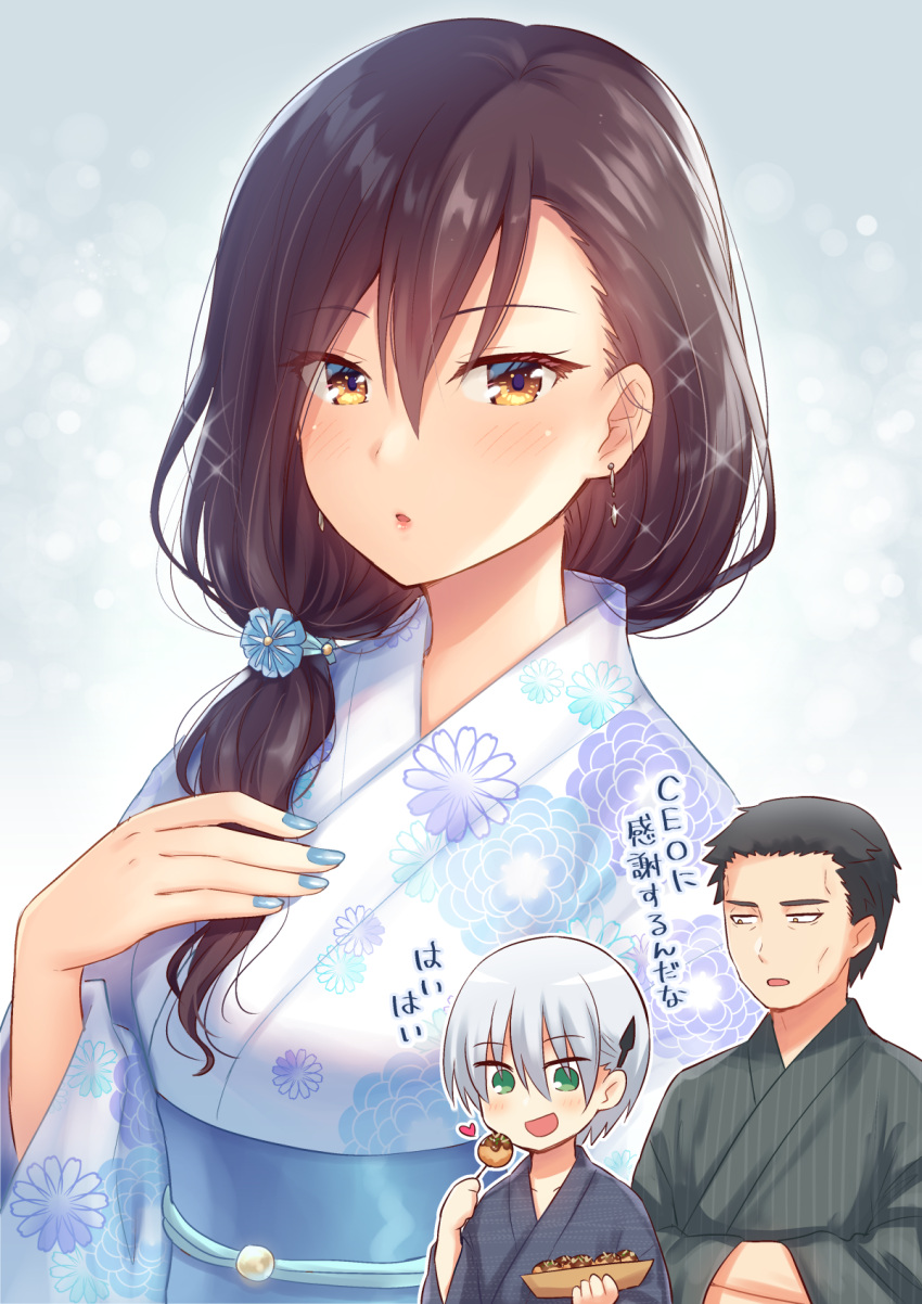 1girl, 2boys, :d, :o, bangs, black_hair, black_kimono, blue_flower