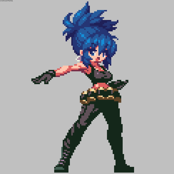 1girl, bangs, belt, black_gloves, black_tank_top, blue_eyes, blue_hair, boots