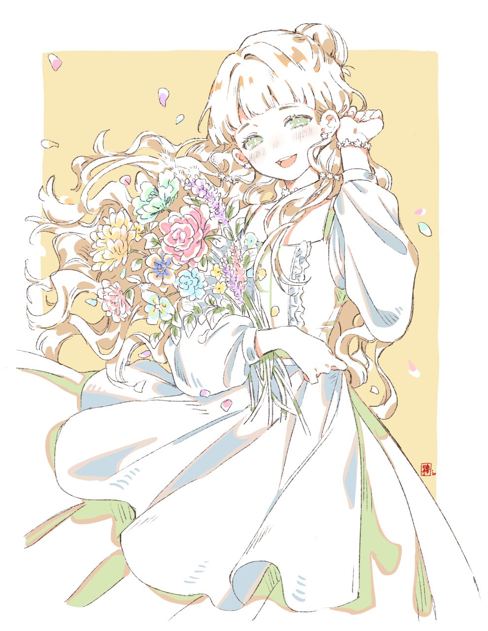 1girl, blush, dress, flower, green_eyes, hair_bun, highres, holding, holding_flower, long_hair, long_sleeves, looking_at_viewer, open_mouth, original, petals, rose, simple_background, solo, upper_teeth, white_dress, xiaociiao, yellow_background