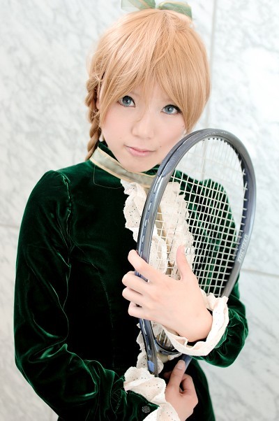blonde_hair, cosplay, kipi-san, photo, saori, smash_wo_kimero!, tennis_racket, twin_braids