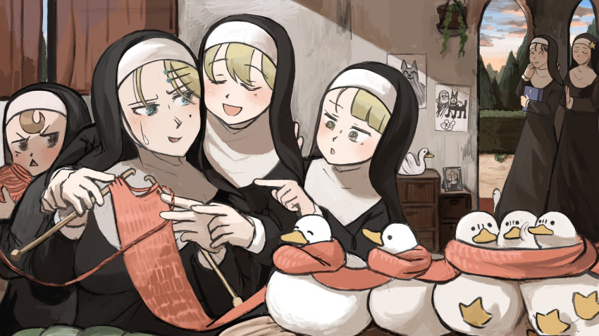 6+girls, :d, ^_^, arch, bible, bird, blonde_hair, blue_eyes, book, brown_eyes, brown_hair, catholic, cheek_press, chicken, closed_eyes, clouds, commentary, curtains, diva_(hyxpk), dog, doorway, drawer, drawing, duck, dusk, english_commentary, flower, frog, habit, hair_flower, hair_ornament, hairclip, hanging_plant, hedge_(plant), highres, holding, holding_book, holding_yarn, knitting, knitting_hook, laughing, mole, mole_under_eye, multiple_girls, nun, open_mouth, original, picture_frame, pillar, plant, pointing, potted_plant, pushing, scarf, sculpture, silhouette, smile, star_(symbol), swan, table, teaching, theft, tree, triangle_mouth, window, yarn, yarn_ball, yellow_eyes