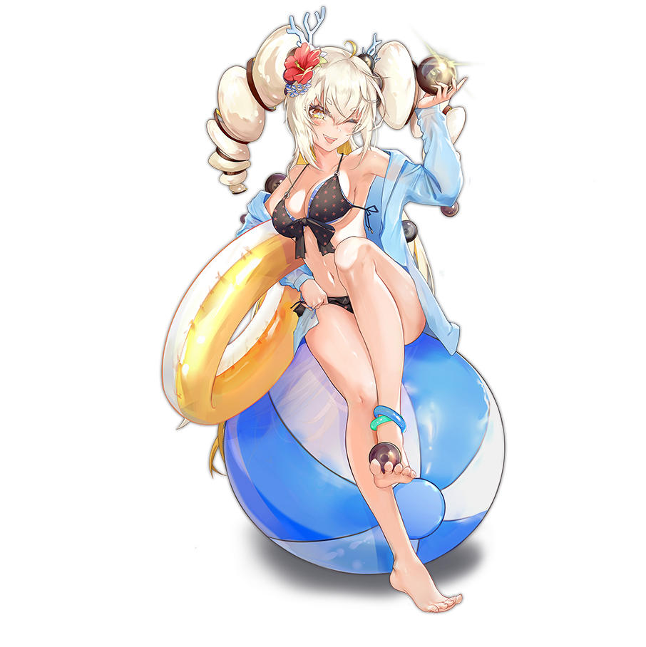 1girl, anklet, ball, barefoot, beachball, bikini, black_bikini, blonde_hair, blush, cooking, drive_shot, feet, flower, foot_hold, hair_flower, hair_ornament, hibiscus, hood, hoodie, horn_ornament, horns, jewelry, liaoli_ciyuan, one_eye_closed, sitting_on_ball, soles, swimsuit, toes, twintails, yellow_eyes