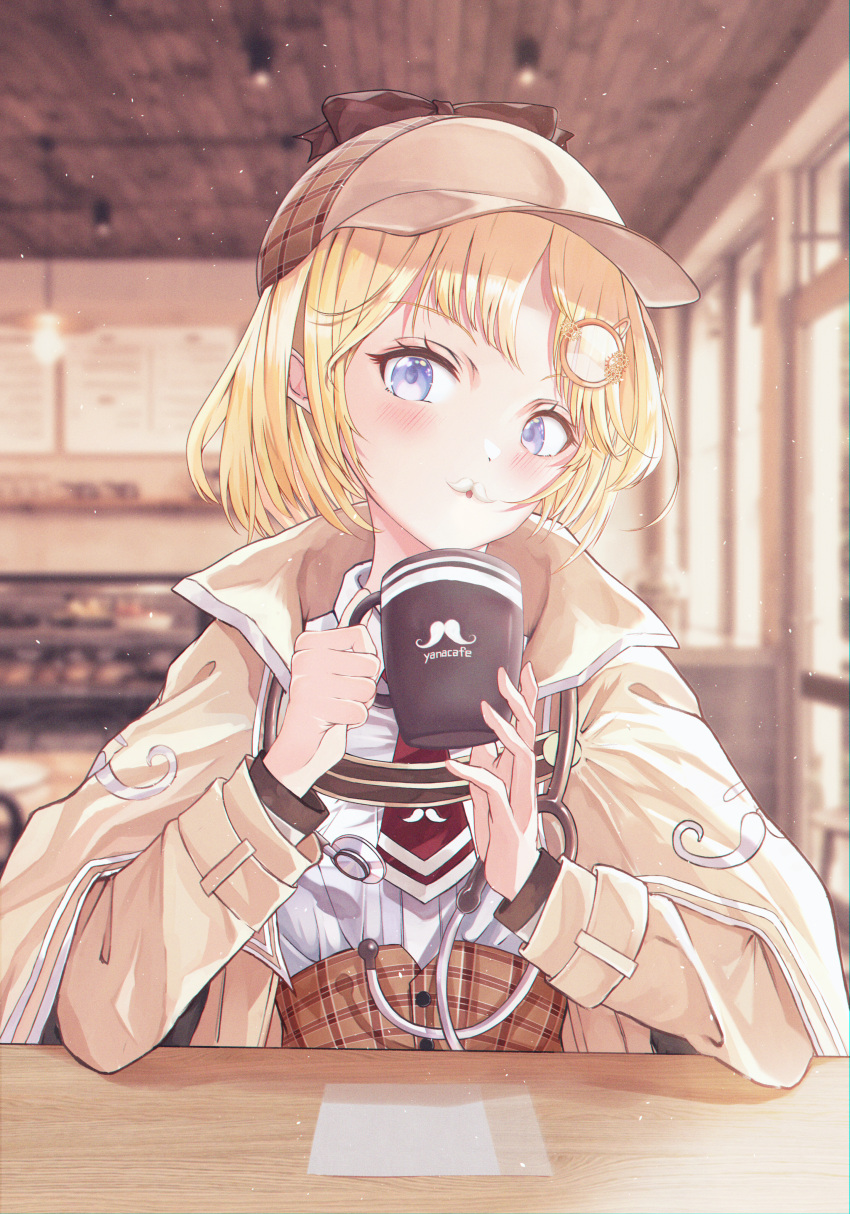 1girl, absurdres, blonde_hair, blue_eyes, cafe, capelet, coat, cup, deerstalker, detective, ease_yana_(airse_yana), foam_mustache, hair_ornament, hat, high-waist_skirt, highres, hololive, hololive_english, huge_filesize, medium_hair, monocle_hair_ornament, mug, necktie, plaid, plaid_skirt, skirt, solo, stethoscope, table, upper_body, watson_amelia