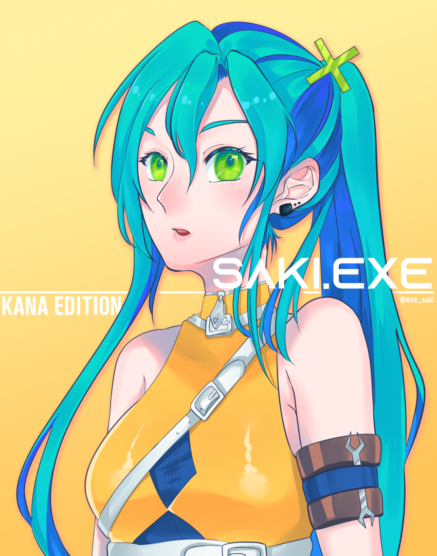 1girl, absurdres, aqua_hair, armband, blue_hair, breasts, character_name, cosplay, ear_piercing, earrings, english_commentary, green_eyes, hair_between_eyes, hair_ornament, highres, indie_virtual_youtuber, jewelry, looking_at_viewer, multicolored_hair, open_mouth, piercing, saki.exe, saki.exe_(artist), shinoda_kana, shinoda_kana_(cosplay), small_breasts, solo, tied_hair, twitter_username, upper_body, virtual_youtuber, wrench, x_hair_ornament, yellow_background